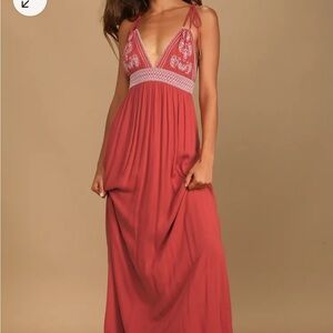 Days of Sunlight Brick Red Embroidered Maxi Dress